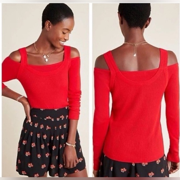 Anthropologie Sweaters - Anthropologie Jamie Open Shoulder Womens Size S Red Stretchy Ribbed Sweater